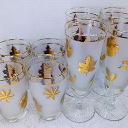 Mid Century Vintage Libbey Frosted Golden Foliage Gold Leaf Glasses - 4 Tumblers & 4 Pilsner