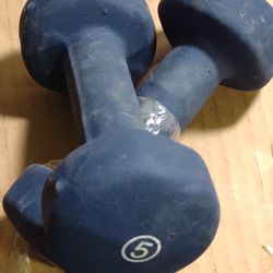 Set Of Two Blue Rubber Coated Metal 5 Lb Dumbbell Weights