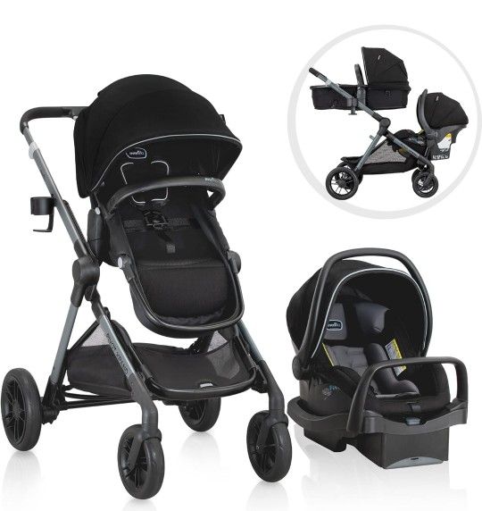 Evenflo Pivot Xpand Modular Travel System with LiteMax Infant Car Seat with Anti-Rebound Bar (Sabino Gray). Just open box. New.