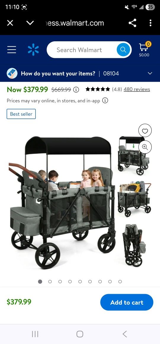 Vomeast Wagon Stroller for 4 Kids, 3-in-1 Wagon Stroller with Canopy, 5-Point Harness, Adjustable Handlebars, Removable Seat for Toddlers, Grey