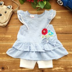 12MOS 2-PIECE OUTFIT STRIPED RUFFLE FLORAL TUNIC W/WHITE BIKER SHORTS