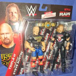 WWE STEVE AUSTIN & TRIPLE H Mattel RAW NETFLIX Wrestling Figure 2pk w/ BELT!!