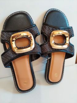 Black Woven Slide Sandals with Gold Buckle