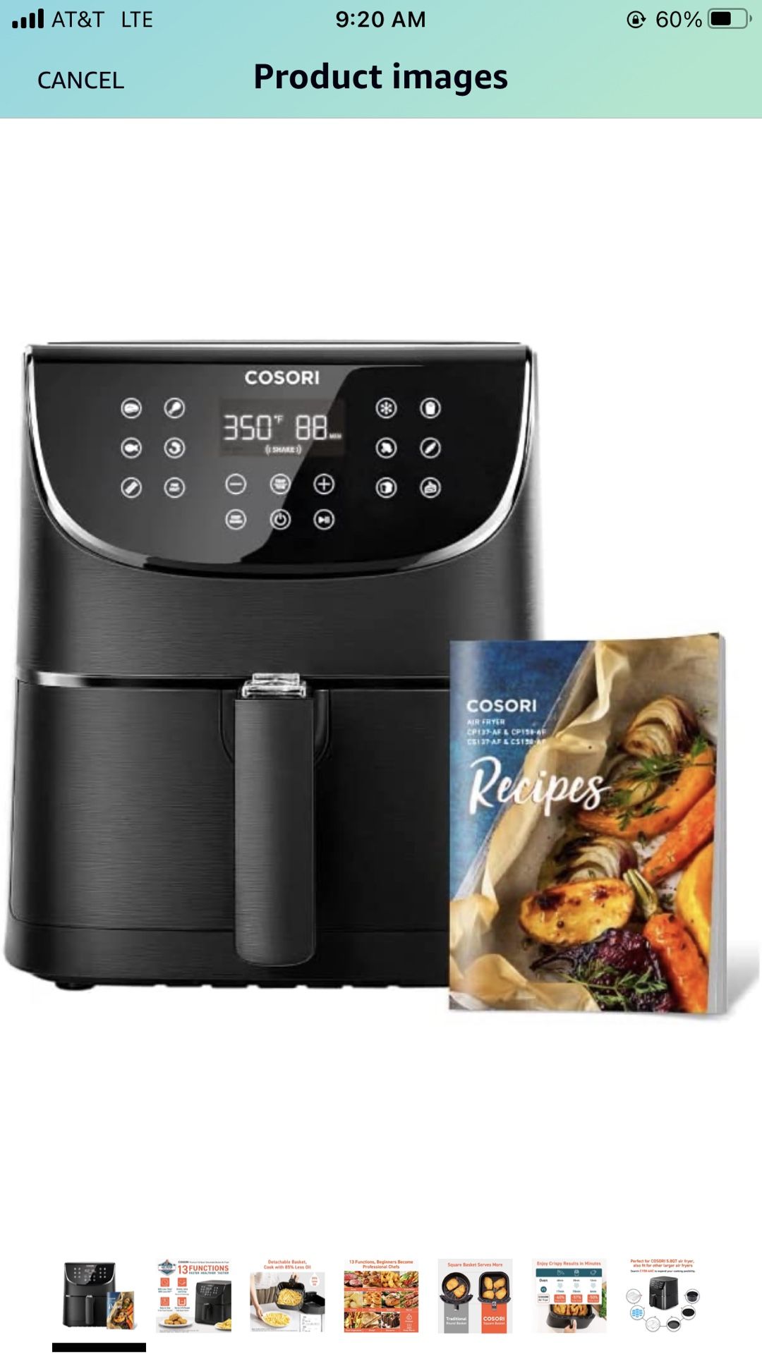 COSORI Air Fryer Oven Combo 5.8QT Max Xl Large Cooker (Black)