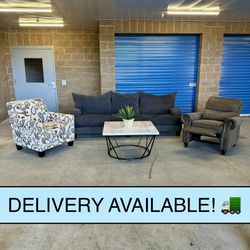 Gray Couch Sofa, 1 Recliner, and 1 Printed Chair (DELIVERY AVAILABLE! 🚛)