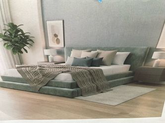 New King size green fabric upholstered king size bed