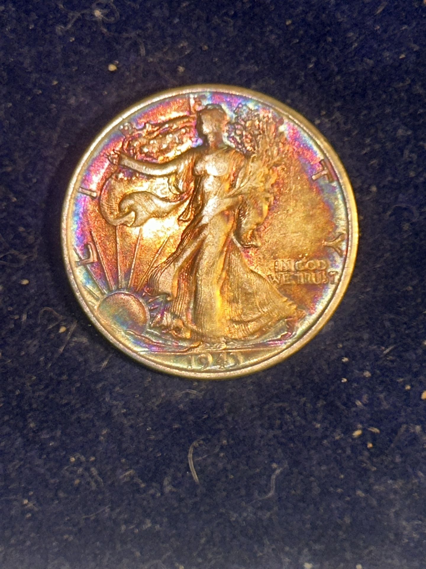 19 43/ 1/2 dollar walking, liberty, rainbow tone