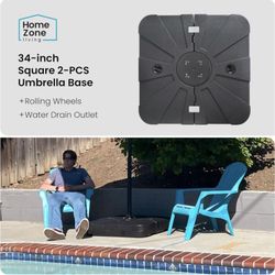 34" Square Heavy Duty 2-PCS Umbrella Base w/Rolling Wheels for Patio Pool Backyard, Supports Up to 11 Ft Umbrell