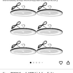 6 Pack 250W UFO Led High Bay Light,120VAC,5000K Daylight Commercial Bay Lighting,IP66 Waterproof,41050LM,1150W MH/HPS with Plug Area Lighting for Ware