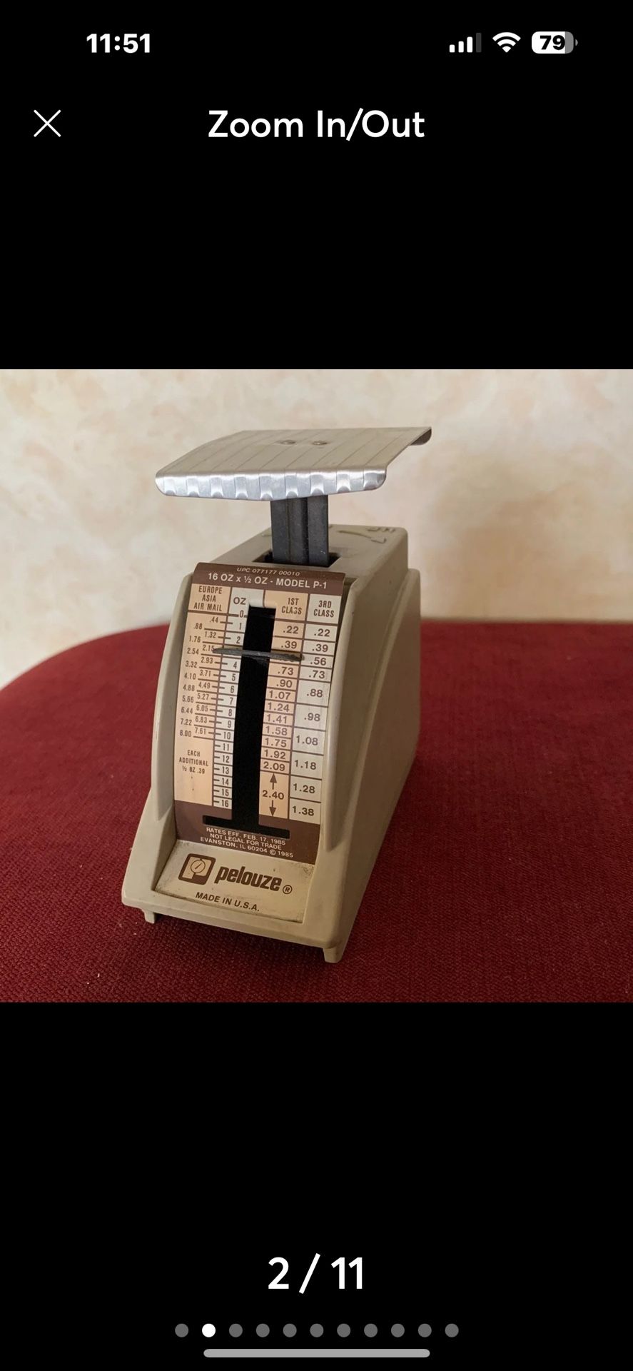 Vintage PELOUZE Petite POSTAL SCALE Model P-1 Rates Effective Feb. 17 1985