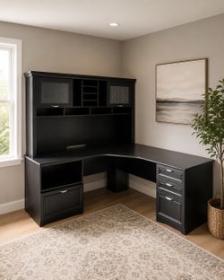 Black L-Shaped Executive Desk with Hutch