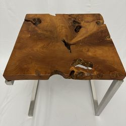 MODERN CHROME AND LIVE EDGE TEAKWOOD SIDE TABLE - EXCELLENT CONDITION!