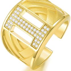 ETEVON Mens Initial Rings Gold Plated I Letter Ring 925 Sterling Silver Bold Open Personalized Statement Ring