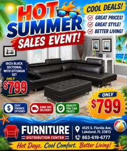 Limited time sale. Ibiza black sectional with ottoman only $799. Easy finance option. Same-day delivery.