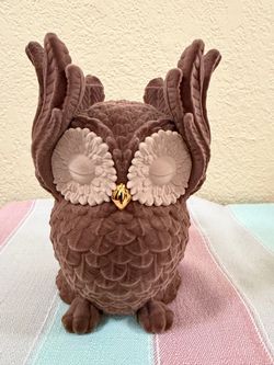 Heavy 7" Tall Velvet Flock Owl Figural Candle Holder / Decor