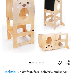 3-in-1 Toddler Learning Stool, Step Stool for Toddlers Tower for Little Kids in Kitchen with Anti-Slip Protection, Chalkboard Message Boards, Supports