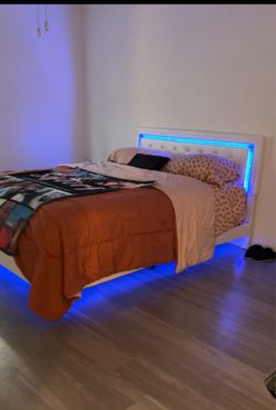 White LED Platform Bed Frame with Headboard