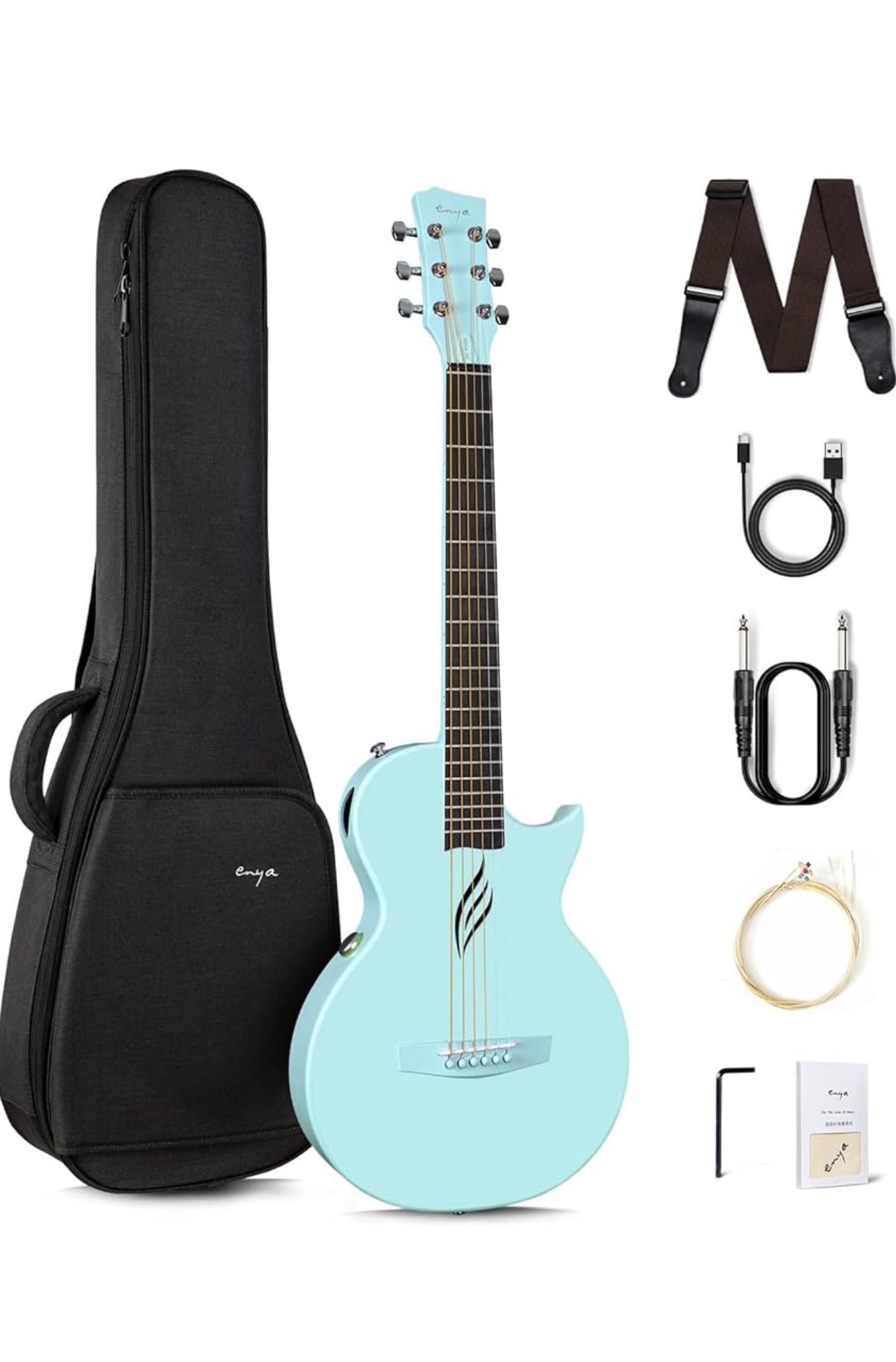 Enya NOVA Go SP1 Carbon Fiber Acoustic Electric Guitar with Smart AcousticPlus 35 Inch Travel Acustica Guitarra Starter Bundle Kit of Gig Bag, Strap,