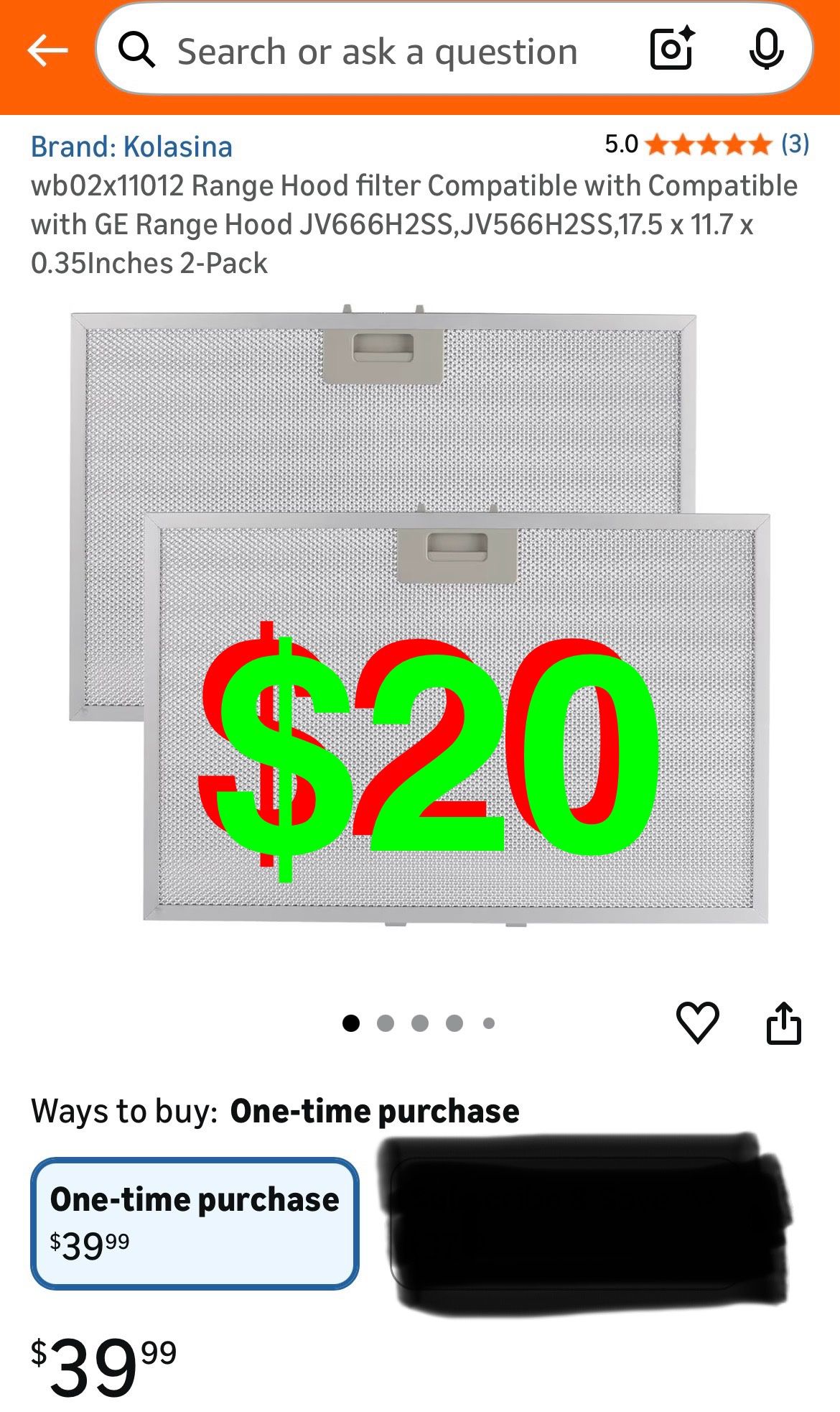 wb02x11012 Range Hood filter Compatible with Compatible with GE Range Hood JV666H2SS,JV566H2SS,17.5 x 11.7 x 0.35Inches 2-Pack. wb02x11012