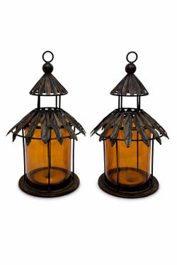 Set Of Two Decorative Metal And Amber Glass Candle Lanterns – 14 Inch