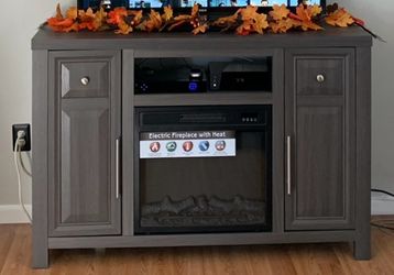 54" Grey Console Entertainment Center W/ Electric Fireplace. Like New