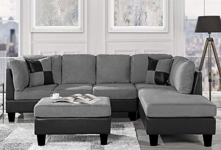 3 Piece Gray/Black Sectional and Ottoman (New In Box)