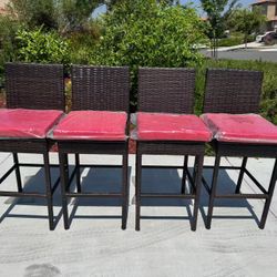 4 Pieces Outdoor Rattan Patio Bar Chairs with Cushions, Blue & Red