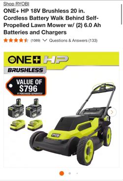 Ryobi one + 18v brushless 20 in. Cordless   battery walk behind self propelled lawn mower w 2 batteries and 2 chargers included