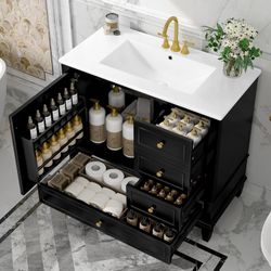 #417 36" Bathroom Vanity with Ceramic Sink, MDF & Solid Wood Base, 3 Drawers & Cabinet with Shelves, Black Painted Finish, Freestanding Vanity Cabinet