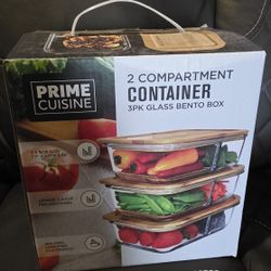 Prime Cuisine 2 Compartment Container 3 Pack Glass Bento Box
