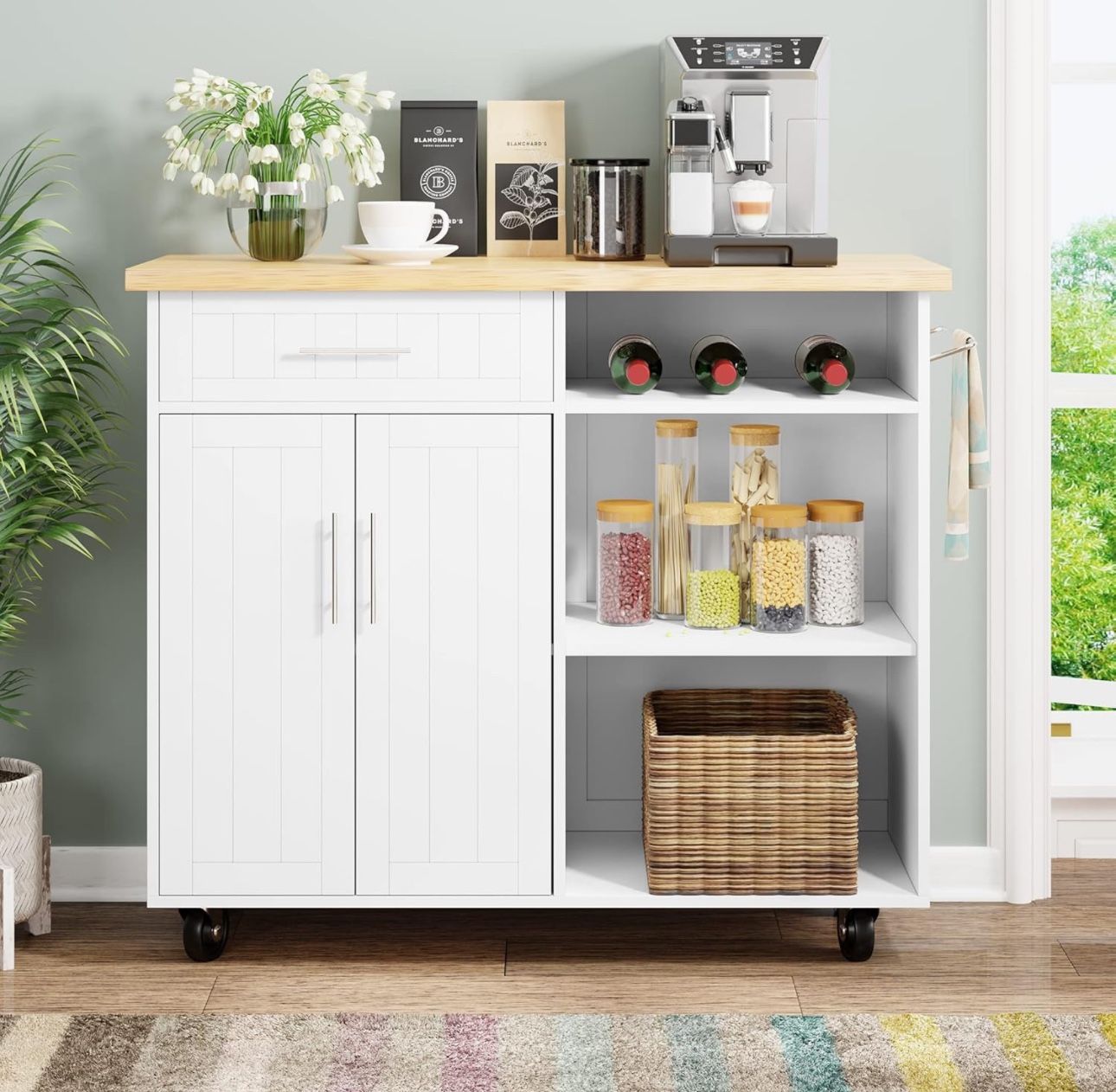 Kitchen. Island White And Natural Brown Top In Box , Rolling Cart , Coffee Bar