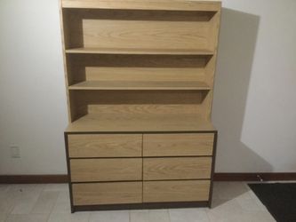 3 pieces , double dresser, Shelve unit, and night table - wood grain Formica with brown accent