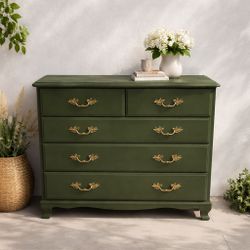 Olive Green 5 Drawer Dresser w/ Gold Hardware 