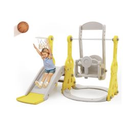 Toddler Slide and Swing Set 4 in 1 Baby Slide Climber Playse with Swing Slide Climber and Basketball Kids Slide (X004)