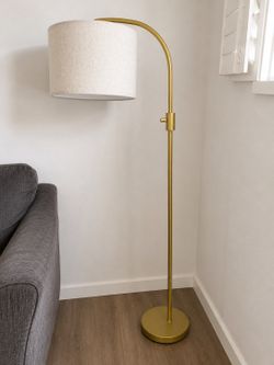 Modern Gold Arc Floor Lamp with Linen Drum Shade – Excellent Condition