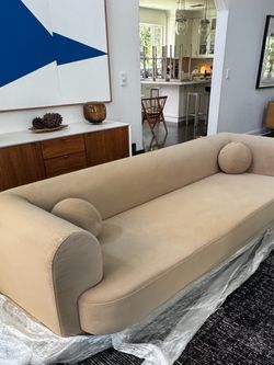 TWO New Sofas: Matching Pair of Form 99” Curved Camel Velvet Sofas