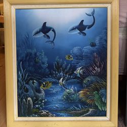 Original Underwater Scene Ocean Acrylic Framed Painting