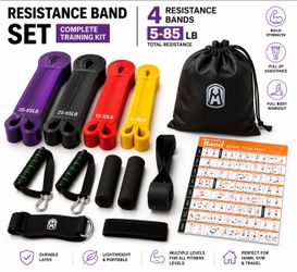 Resistance Band Set 4 Bands 5-85LB Pull Up Assist Kit Handles Bag New