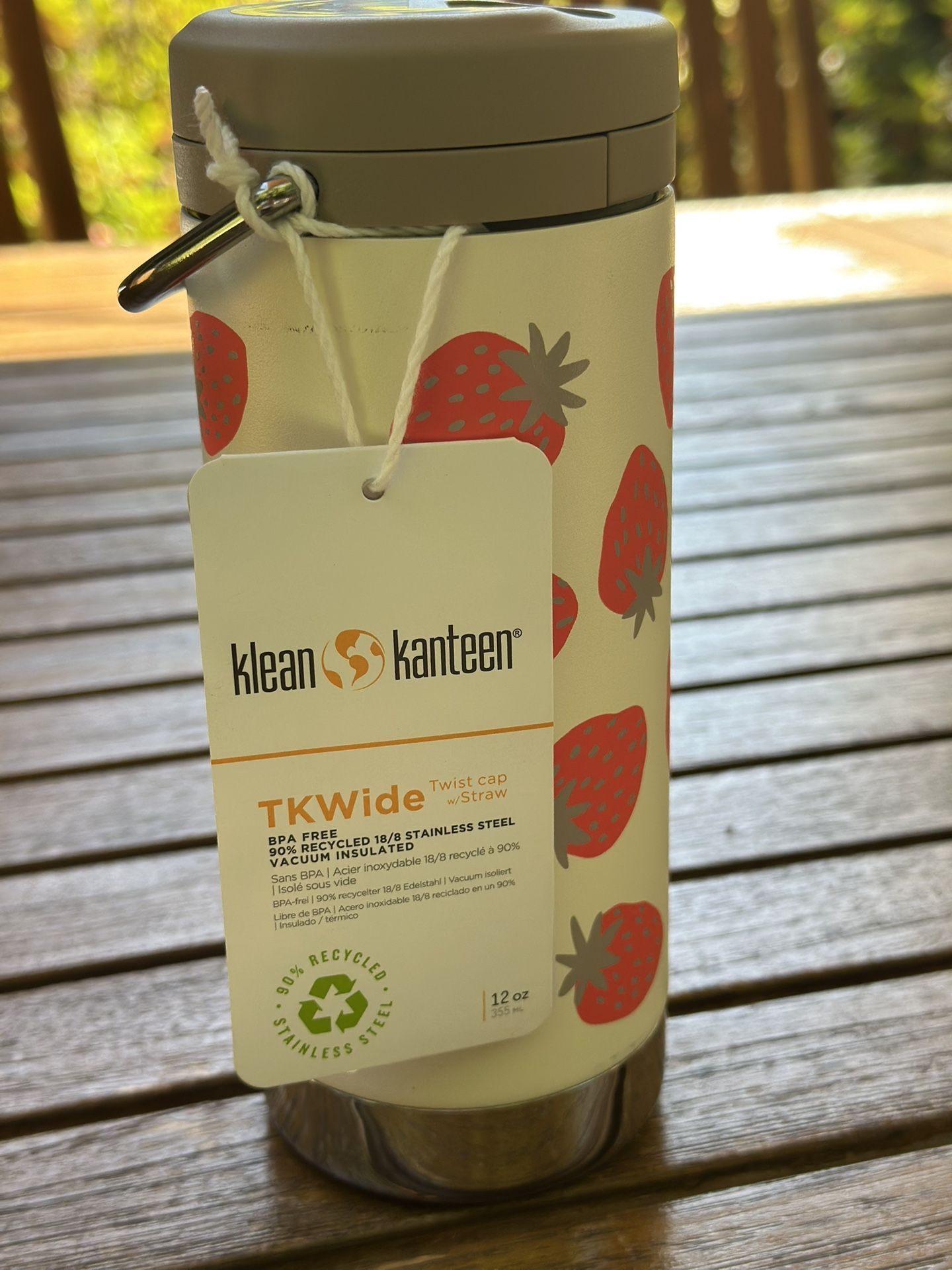 Brand new Klean Kanteen TKWide 12 oz bottle with Twist Cap and stainless steel straw. Features a fun, limited edition strawberry print. Made with 90%