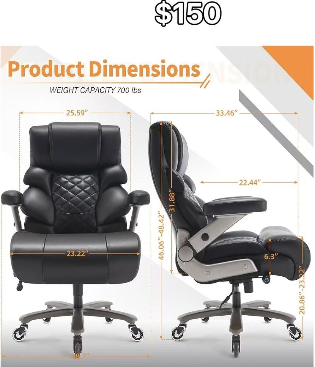 😀 700lbs Big and Tall Office Chair-Large Computer Chair with Adjustable Lumbar Support 3D Flip Arms Plus Size Wheels, High Back Executive Desk Chair,