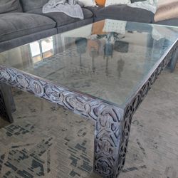 Large Vintage Rustic Hand Carved Wood And Glass Coffee Table