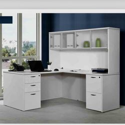 White L Shaped Desk With Cadenza And Pedestal 