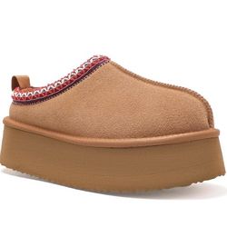 Size 7.5 Women's Platform Fuzzy Cozy Slippers Genuine Suede Water Resistant Winter Platform Mini Boots with Memory Foam and Faux Fur Lining Comfy Fuzz