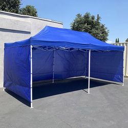 (NEW) $240 Heavy Duty 10x20 FT Canopy (with 4 Sidewalls) Ez Pop Up Outdoor Party Tent w/ Carry Bag (White/Blue) 