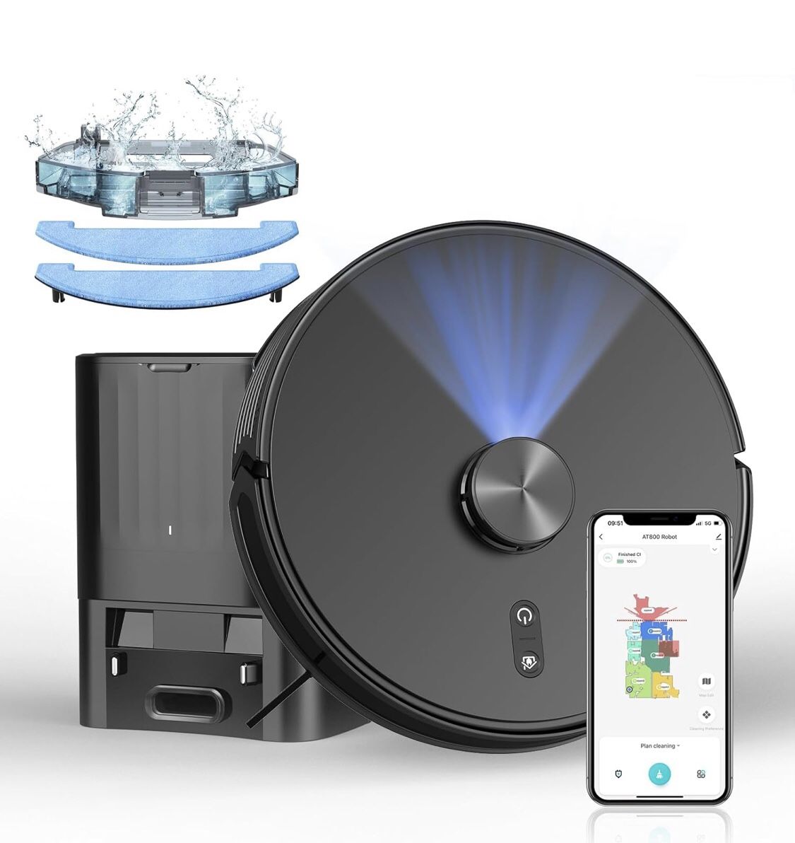 Robot Vacuum and Mop Combo with Self-Emptying Station (60-Day), LiDAR Navigation Robotic Vacuum Cleaner, 5000Pa Suction, 180-Min Runtime, App/Wi-Fi/Al