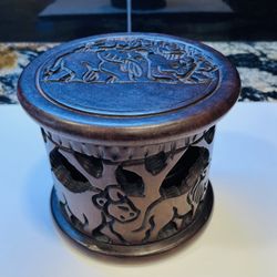 Vintage African Hand Carved Wooden Coaster See With Holder 