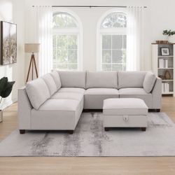 6 Piece Fabric Modular Sectional With Storage Ottoman 