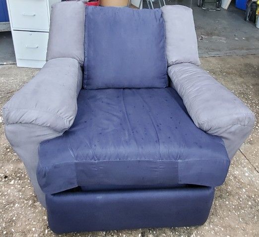 350.00 Reupholstered Blue & Grey Recliner – Great Condition
