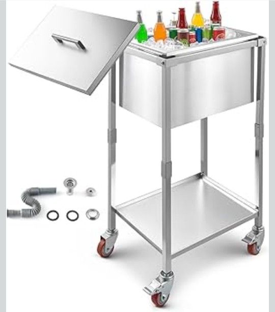 VEVOR Commercial Ice Bin, Underbar Ice Bin, Stainless Steel Ice Chest with Sliding Lid, Bottle Holders, Adjustable Bullet Feet, Cooler Cart Cocktail U