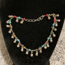 Vintage Sterling Silver Anklet,with Dangling Bells And Multiple Colored Stones